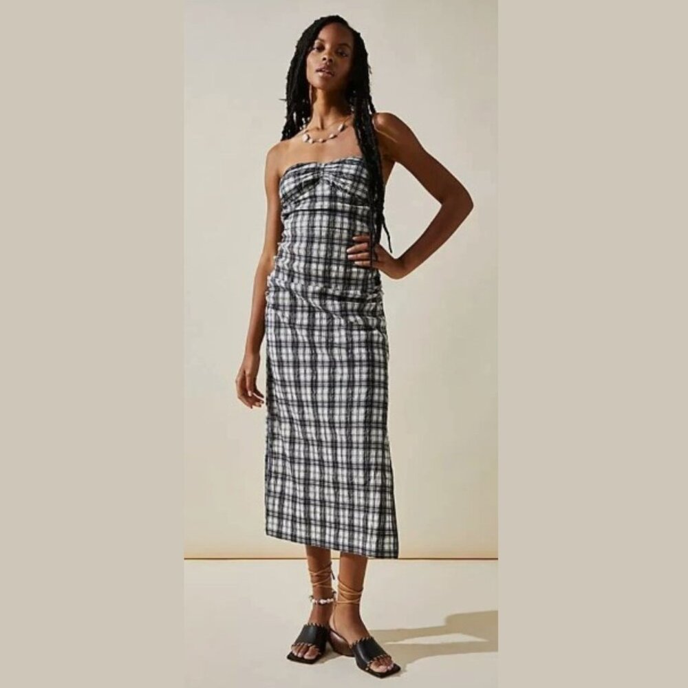Free People Black and White Brandie‎ Plaid Midi Dress SZ L - NWT